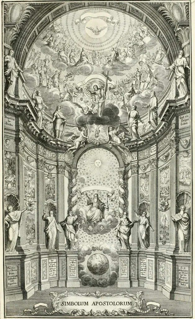 An illustration from Heilige Augen- und Gemüths-Lust : vorstellend, alle sonn- fest- und feyrtägliche nicht nur Evangelien, sondern auch Epistelen und Lectionen, jene historisch : diese auch emblemmatisch, und mit curieusen Einfassungen : in vielen Kupffer-Stücken von frembder und gantz neuer Invention : so wohl zur Kunst-Ubung als Unterhaltung Gottseeliger Betrachtungen, wie auch Vermehrung der Kupffer-Bibelen und Ausszierung aller christlichen Postillen dienlich, 1706, leaf 160