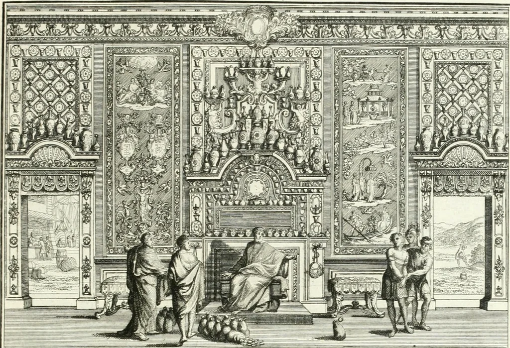 An illustration from Heilige Augen- und Gemüths-Lust : vorstellend, alle sonn- fest- und feyrtägliche nicht nur Evangelien, sondern auch Epistelen und Lectionen, jene historisch : diese auch emblemmatisch, und mit curieusen Einfassungen : in vielen Kupffer-Stücken von frembder und gantz neuer Invention : so wohl zur Kunst-Ubung als Unterhaltung Gottseeliger Betrachtungen, wie auch Vermehrung der Kupffer-Bibelen und Ausszierung aller christlichen Postillen dienlich, 1706, leaf 164