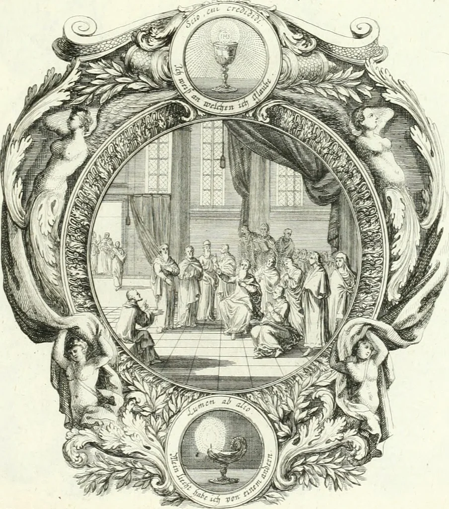 An illustration from Heilige Augen- und Gemüths-Lust : vorstellend, alle sonn- fest- und feyrtägliche nicht nur Evangelien, sondern auch Epistelen und Lectionen, jene historisch : diese auch emblemmatisch, und mit curieusen Einfassungen : in vielen Kupffer-Stücken von frembder und gantz neuer Invention : so wohl zur Kunst-Ubung als Unterhaltung Gottseeliger Betrachtungen, wie auch Vermehrung der Kupffer-Bibelen und Ausszierung aller christlichen Postillen dienlich, 1706, leaf 164