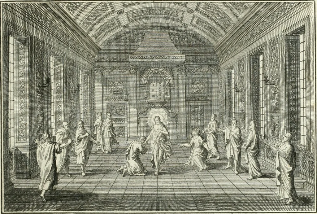 An illustration from Heilige Augen- und Gemüths-Lust : vorstellend, alle sonn- fest- und feyrtägliche nicht nur Evangelien, sondern auch Epistelen und Lectionen, jene historisch : diese auch emblemmatisch, und mit curieusen Einfassungen : in vielen Kupffer-Stücken von frembder und gantz neuer Invention : so wohl zur Kunst-Ubung als Unterhaltung Gottseeliger Betrachtungen, wie auch Vermehrung der Kupffer-Bibelen und Ausszierung aller christlichen Postillen dienlich, 1706, leaf 168