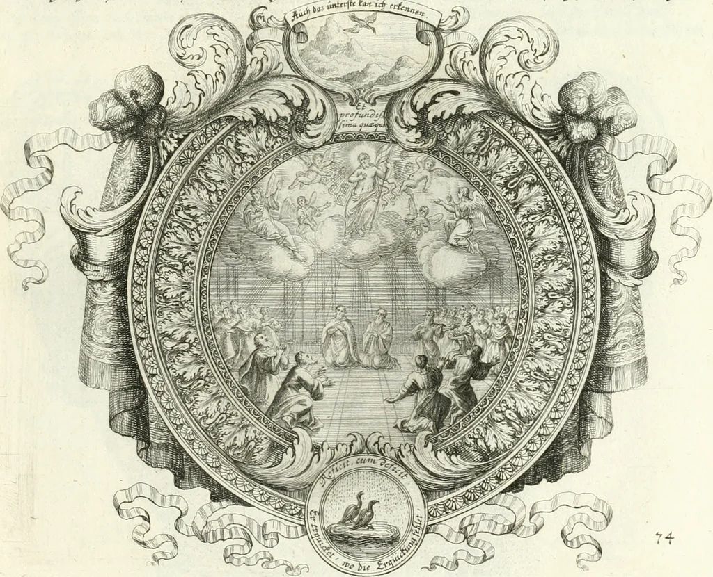 An illustration from Heilige Augen- und Gemüths-Lust : vorstellend, alle sonn- fest- und feyrtägliche nicht nur Evangelien, sondern auch Epistelen und Lectionen, jene historisch : diese auch emblemmatisch, und mit curieusen Einfassungen : in vielen Kupffer-Stücken von frembder und gantz neuer Invention : so wohl zur Kunst-Ubung als Unterhaltung Gottseeliger Betrachtungen, wie auch Vermehrung der Kupffer-Bibelen und Ausszierung aller christlichen Postillen dienlich, 1706, leaf 168