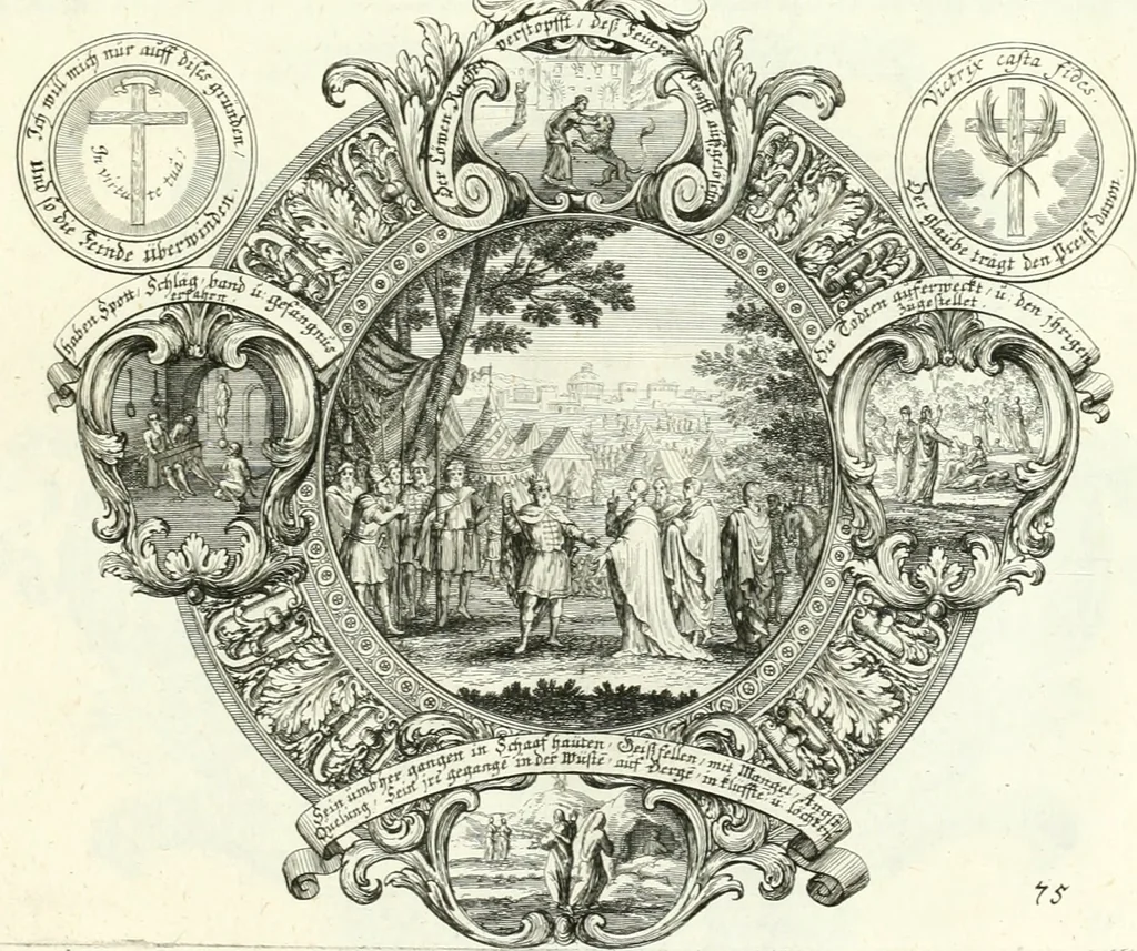 An illustration from Heilige Augen- und Gemüths-Lust : vorstellend, alle sonn- fest- und feyrtägliche nicht nur Evangelien, sondern auch Epistelen und Lectionen, jene historisch : diese auch emblemmatisch, und mit curieusen Einfassungen : in vielen Kupffer-Stücken von frembder und gantz neuer Invention : so wohl zur Kunst-Ubung als Unterhaltung Gottseeliger Betrachtungen, wie auch Vermehrung der Kupffer-Bibelen und Ausszierung aller christlichen Postillen dienlich, 1706, leaf 170