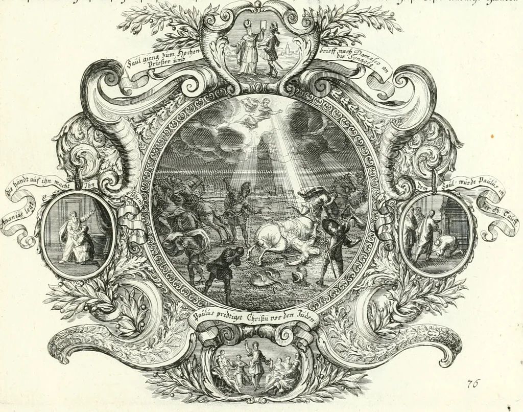 An illustration from Heilige Augen- und Gemüths-Lust : vorstellend, alle sonn- fest- und feyrtägliche nicht nur Evangelien, sondern auch Epistelen und Lectionen, jene historisch : diese auch emblemmatisch, und mit curieusen Einfassungen : in vielen Kupffer-Stücken von frembder und gantz neuer Invention : so wohl zur Kunst-Ubung als Unterhaltung Gottseeliger Betrachtungen, wie auch Vermehrung der Kupffer-Bibelen und Ausszierung aller christlichen Postillen dienlich, 1706, leaf 172