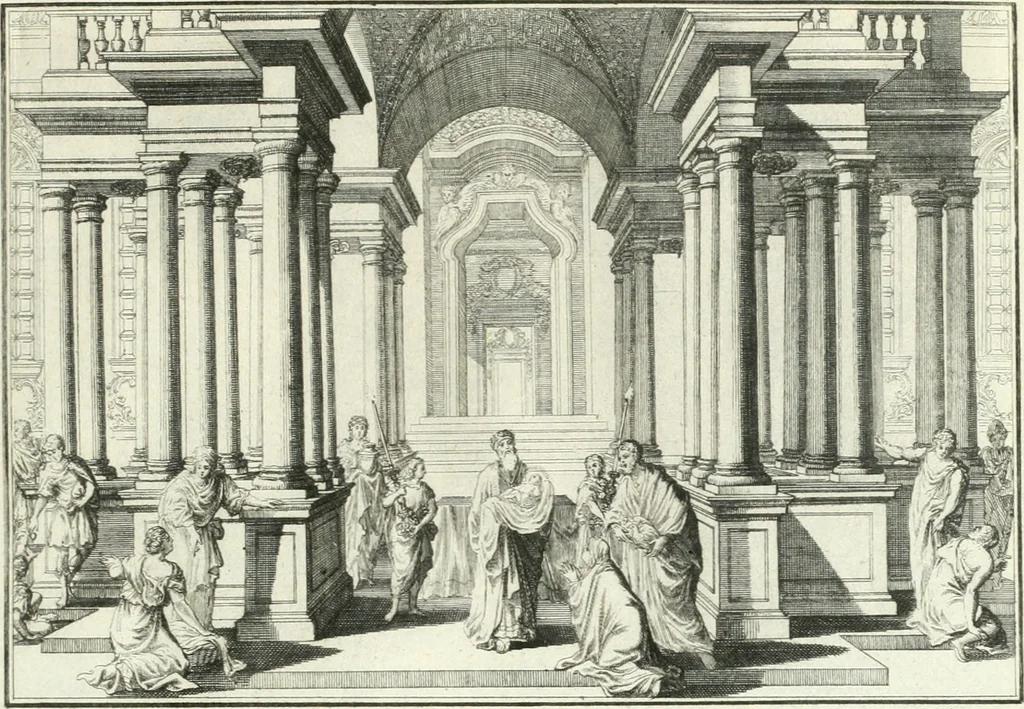 An illustration from Heilige Augen- und Gemüths-Lust : vorstellend, alle sonn- fest- und feyrtägliche nicht nur Evangelien, sondern auch Epistelen und Lectionen, jene historisch : diese auch emblemmatisch, und mit curieusen Einfassungen : in vielen Kupffer-Stücken von frembder und gantz neuer Invention : so wohl zur Kunst-Ubung als Unterhaltung Gottseeliger Betrachtungen, wie auch Vermehrung der Kupffer-Bibelen und Ausszierung aller christlichen Postillen dienlich, 1706, leaf 174