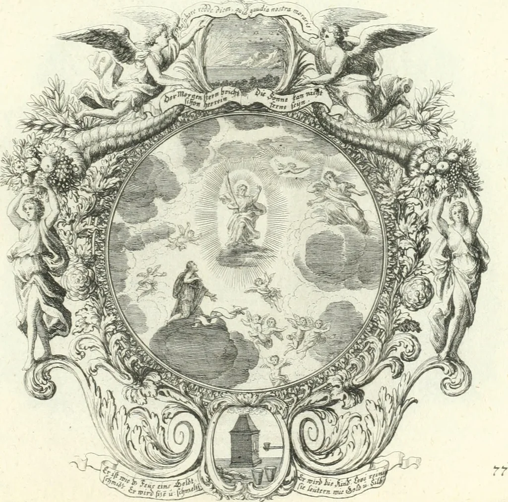An illustration from Heilige Augen- und Gemüths-Lust : vorstellend, alle sonn- fest- und feyrtägliche nicht nur Evangelien, sondern auch Epistelen und Lectionen, jene historisch : diese auch emblemmatisch, und mit curieusen Einfassungen : in vielen Kupffer-Stücken von frembder und gantz neuer Invention : so wohl zur Kunst-Ubung als Unterhaltung Gottseeliger Betrachtungen, wie auch Vermehrung der Kupffer-Bibelen und Ausszierung aller christlichen Postillen dienlich, 1706, leaf 174