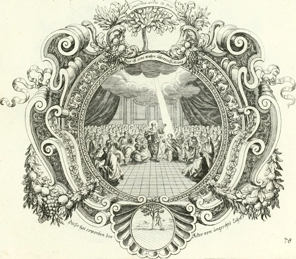 An illustration from Heilige Augen- und Gemüths-Lust : vorstellend, alle sonn- fest- und feyrtägliche nicht nur Evangelien, sondern auch Epistelen und Lectionen, jene historisch : diese auch emblemmatisch, und mit curieusen Einfassungen : in vielen Kupffer-Stücken von frembder und gantz neuer Invention : so wohl zur Kunst-Ubung als Unterhaltung Gottseeliger Betrachtungen, wie auch Vermehrung der Kupffer-Bibelen und Ausszierung aller christlichen Postillen dienlich, 1706, leaf 176