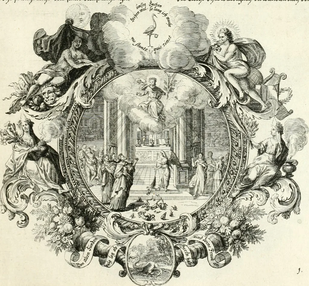 An illustration from Heilige Augen- und Gemüths-Lust : vorstellend, alle sonn- fest- und feyrtägliche nicht nur Evangelien, sondern auch Epistelen und Lectionen, jene historisch : diese auch emblemmatisch, und mit curieusen Einfassungen : in vielen Kupffer-Stücken von frembder und gantz neuer Invention : so wohl zur Kunst-Ubung als Unterhaltung Gottseeliger Betrachtungen, wie auch Vermehrung der Kupffer-Bibelen und Ausszierung aller christlichen Postillen dienlich, 1706, leaf 18