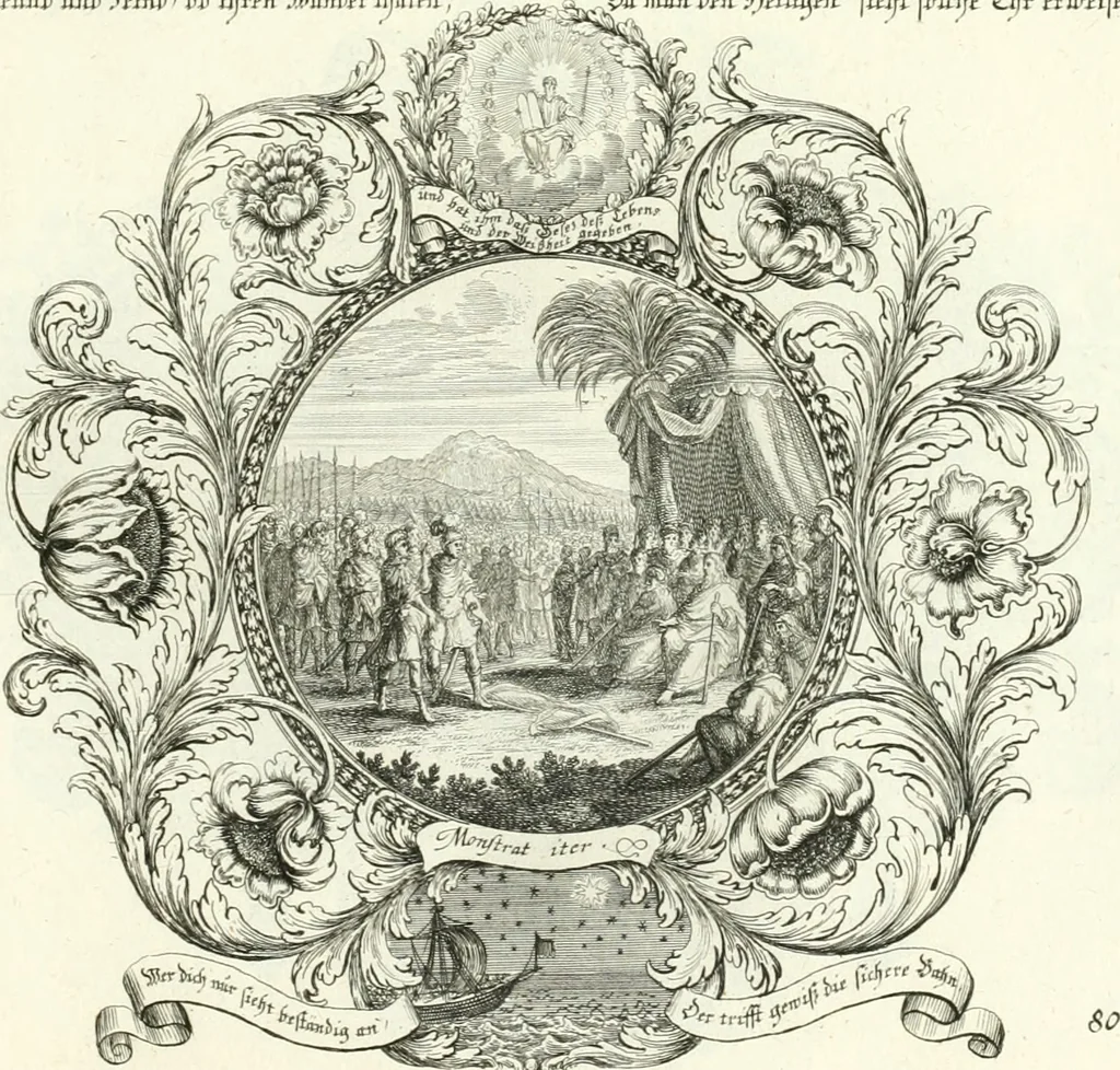 An illustration from Heilige Augen- und Gemüths-Lust : vorstellend, alle sonn- fest- und feyrtägliche nicht nur Evangelien, sondern auch Epistelen und Lectionen, jene historisch : diese auch emblemmatisch, und mit curieusen Einfassungen : in vielen Kupffer-Stücken von frembder und gantz neuer Invention : so wohl zur Kunst-Ubung als Unterhaltung Gottseeliger Betrachtungen, wie auch Vermehrung der Kupffer-Bibelen und Ausszierung aller christlichen Postillen dienlich, 1706, leaf 180