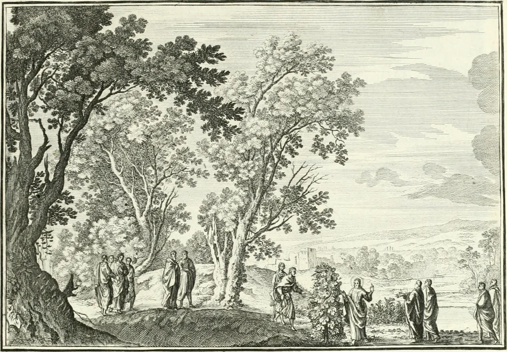 An illustration from Heilige Augen- und Gemüths-Lust : vorstellend, alle sonn- fest- und feyrtägliche nicht nur Evangelien, sondern auch Epistelen und Lectionen, jene historisch : diese auch emblemmatisch, und mit curieusen Einfassungen : in vielen Kupffer-Stücken von frembder und gantz neuer Invention : so wohl zur Kunst-Ubung als Unterhaltung Gottseeliger Betrachtungen, wie auch Vermehrung der Kupffer-Bibelen und Ausszierung aller christlichen Postillen dienlich, 1706, leaf 182