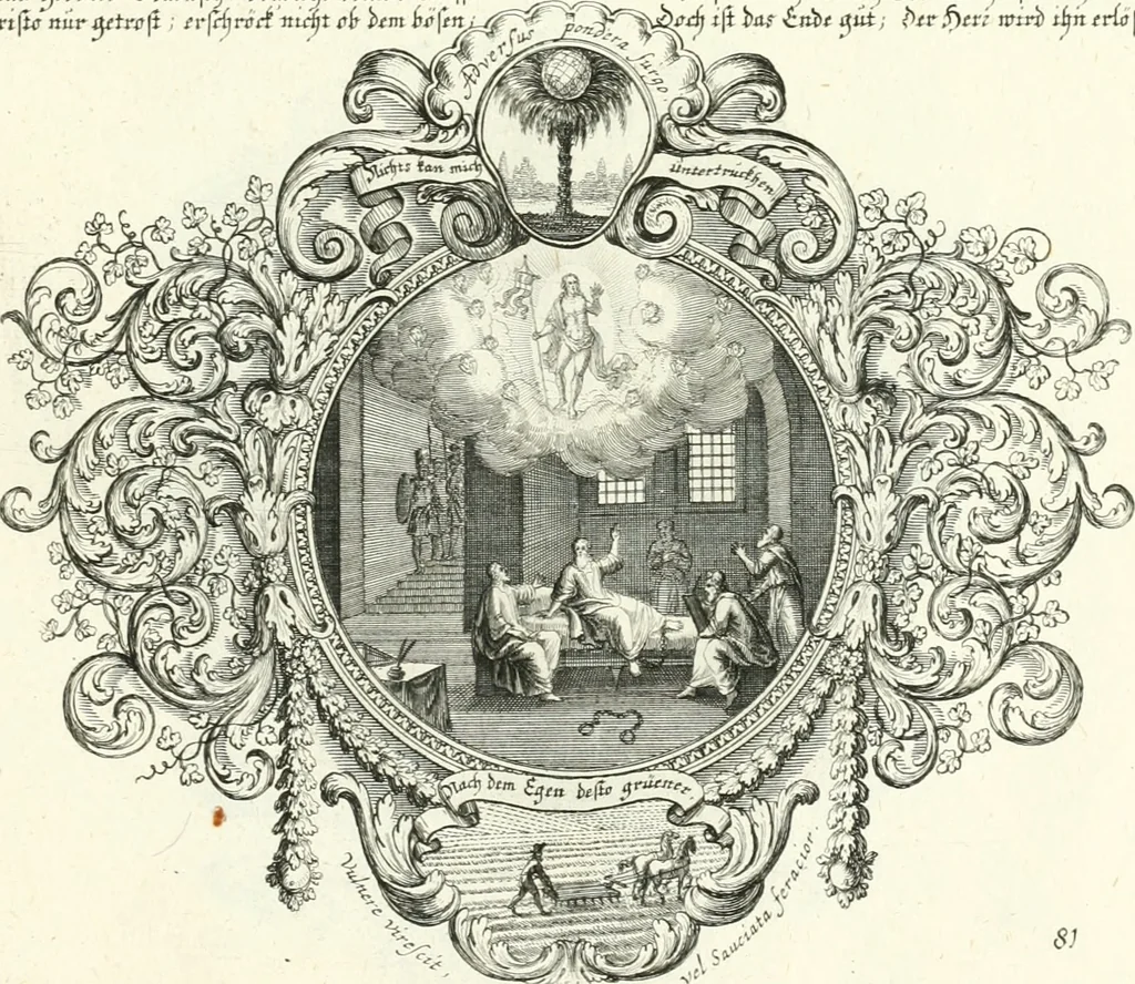An illustration from Heilige Augen- und Gemüths-Lust : vorstellend, alle sonn- fest- und feyrtägliche nicht nur Evangelien, sondern auch Epistelen und Lectionen, jene historisch : diese auch emblemmatisch, und mit curieusen Einfassungen : in vielen Kupffer-Stücken von frembder und gantz neuer Invention : so wohl zur Kunst-Ubung als Unterhaltung Gottseeliger Betrachtungen, wie auch Vermehrung der Kupffer-Bibelen und Ausszierung aller christlichen Postillen dienlich, 1706, leaf 182