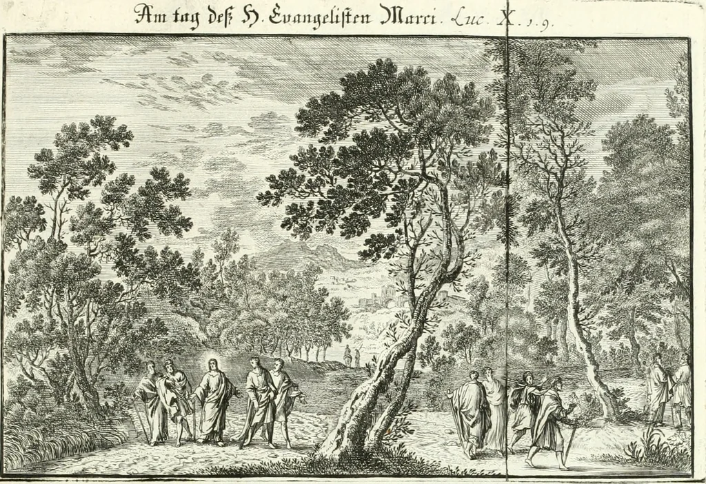 An illustration from Heilige Augen- und Gemüths-Lust : vorstellend, alle sonn- fest- und feyrtägliche nicht nur Evangelien, sondern auch Epistelen und Lectionen, jene historisch : diese auch emblemmatisch, und mit curieusen Einfassungen : in vielen Kupffer-Stücken von frembder und gantz neuer Invention : so wohl zur Kunst-Ubung als Unterhaltung Gottseeliger Betrachtungen, wie auch Vermehrung der Kupffer-Bibelen und Ausszierung aller christlichen Postillen dienlich, 1706, leaf 184