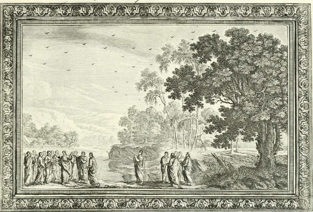 An illustration from Heilige Augen- und Gemüths-Lust : vorstellend, alle sonn- fest- und feyrtägliche nicht nur Evangelien, sondern auch Epistelen und Lectionen, jene historisch : diese auch emblemmatisch, und mit curieusen Einfassungen : in vielen Kupffer-Stücken von frembder und gantz neuer Invention : so wohl zur Kunst-Ubung als Unterhaltung Gottseeliger Betrachtungen, wie auch Vermehrung der Kupffer-Bibelen und Ausszierung aller christlichen Postillen dienlich, 1706, leaf 186