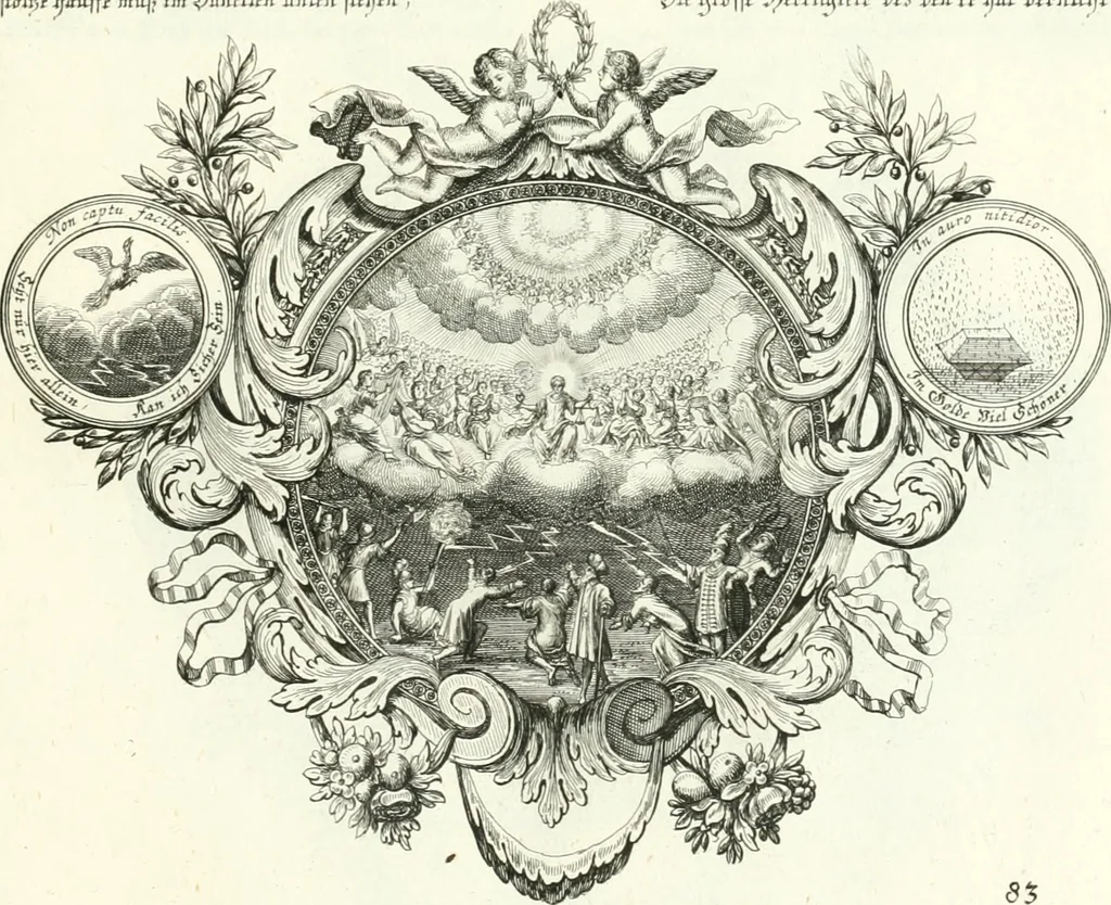 An illustration from Heilige Augen- und Gemüths-Lust : vorstellend, alle sonn- fest- und feyrtägliche nicht nur Evangelien, sondern auch Epistelen und Lectionen, jene historisch : diese auch emblemmatisch, und mit curieusen Einfassungen : in vielen Kupffer-Stücken von frembder und gantz neuer Invention : so wohl zur Kunst-Ubung als Unterhaltung Gottseeliger Betrachtungen, wie auch Vermehrung der Kupffer-Bibelen und Ausszierung aller christlichen Postillen dienlich, 1706, leaf 186