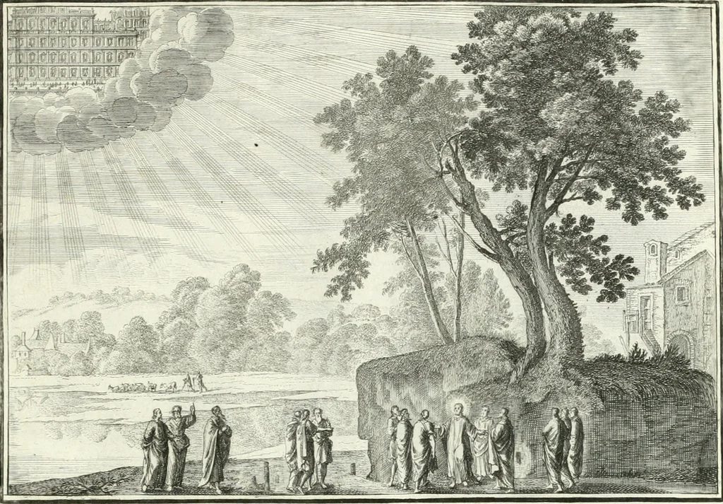 An illustration from Heilige Augen- und Gemüths-Lust : vorstellend, alle sonn- fest- und feyrtägliche nicht nur Evangelien, sondern auch Epistelen und Lectionen, jene historisch : diese auch emblemmatisch, und mit curieusen Einfassungen : in vielen Kupffer-Stücken von frembder und gantz neuer Invention : so wohl zur Kunst-Ubung als Unterhaltung Gottseeliger Betrachtungen, wie auch Vermehrung der Kupffer-Bibelen und Ausszierung aller christlichen Postillen dienlich, 1706, leaf 188