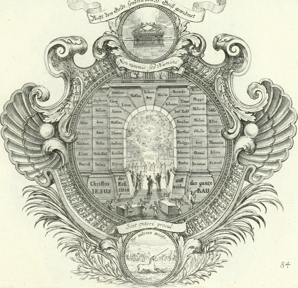 An illustration from Heilige Augen- und Gemüths-Lust : vorstellend, alle sonn- fest- und feyrtägliche nicht nur Evangelien, sondern auch Epistelen und Lectionen, jene historisch : diese auch emblemmatisch, und mit curieusen Einfassungen : in vielen Kupffer-Stücken von frembder und gantz neuer Invention : so wohl zur Kunst-Ubung als Unterhaltung Gottseeliger Betrachtungen, wie auch Vermehrung der Kupffer-Bibelen und Ausszierung aller christlichen Postillen dienlich, 1706, leaf 188