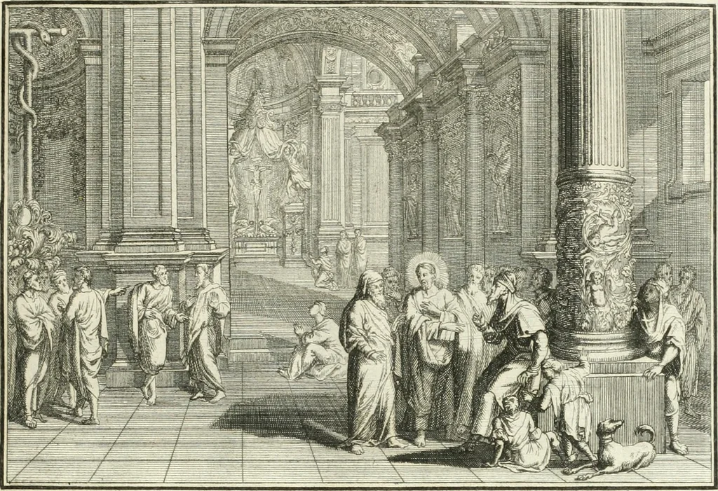 An illustration from Heilige Augen- und Gemüths-Lust : vorstellend, alle sonn- fest- und feyrtägliche nicht nur Evangelien, sondern auch Epistelen und Lectionen, jene historisch : diese auch emblemmatisch, und mit curieusen Einfassungen : in vielen Kupffer-Stücken von frembder und gantz neuer Invention : so wohl zur Kunst-Ubung als Unterhaltung Gottseeliger Betrachtungen, wie auch Vermehrung der Kupffer-Bibelen und Ausszierung aller christlichen Postillen dienlich, 1706, leaf 190