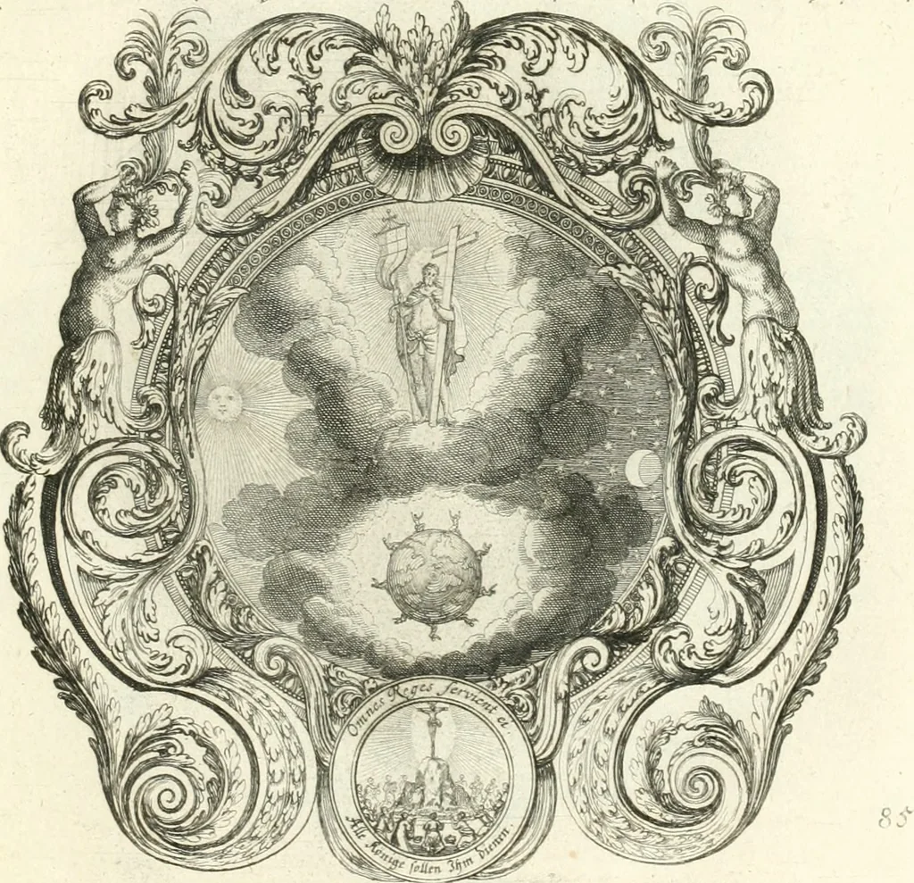 An illustration from Heilige Augen- und Gemüths-Lust : vorstellend, alle sonn- fest- und feyrtägliche nicht nur Evangelien, sondern auch Epistelen und Lectionen, jene historisch : diese auch emblemmatisch, und mit curieusen Einfassungen : in vielen Kupffer-Stücken von frembder und gantz neuer Invention : so wohl zur Kunst-Ubung als Unterhaltung Gottseeliger Betrachtungen, wie auch Vermehrung der Kupffer-Bibelen und Ausszierung aller christlichen Postillen dienlich, 1706, leaf 190