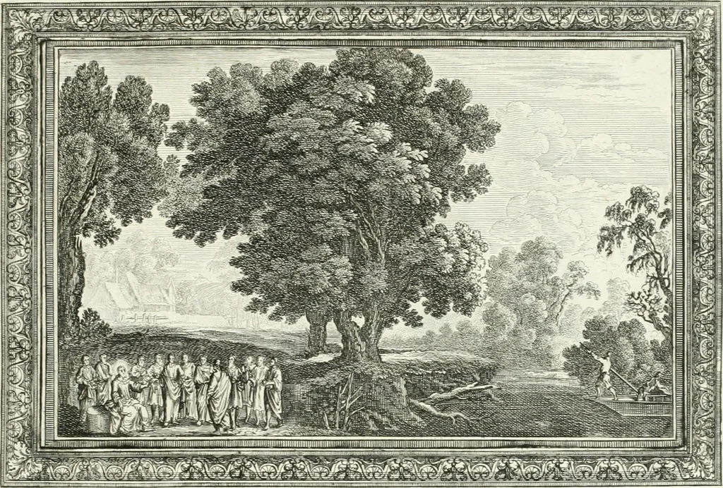 An illustration from Heilige Augen- und Gemüths-Lust : vorstellend, alle sonn- fest- und feyrtägliche nicht nur Evangelien, sondern auch Epistelen und Lectionen, jene historisch : diese auch emblemmatisch, und mit curieusen Einfassungen : in vielen Kupffer-Stücken von frembder und gantz neuer Invention : so wohl zur Kunst-Ubung als Unterhaltung Gottseeliger Betrachtungen, wie auch Vermehrung der Kupffer-Bibelen und Ausszierung aller christlichen Postillen dienlich, 1706, leaf 192