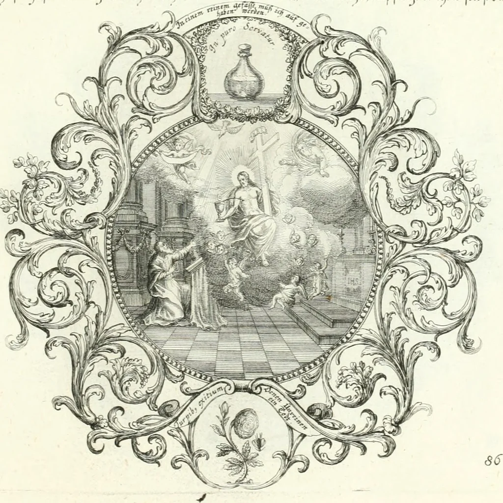 An illustration from Heilige Augen- und Gemüths-Lust : vorstellend, alle sonn- fest- und feyrtägliche nicht nur Evangelien, sondern auch Epistelen und Lectionen, jene historisch : diese auch emblemmatisch, und mit curieusen Einfassungen : in vielen Kupffer-Stücken von frembder und gantz neuer Invention : so wohl zur Kunst-Ubung als Unterhaltung Gottseeliger Betrachtungen, wie auch Vermehrung der Kupffer-Bibelen und Ausszierung aller christlichen Postillen dienlich, 1706, leaf 192