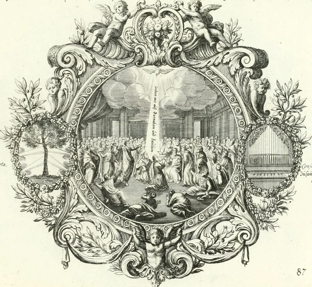 An illustration from Heilige Augen- und Gemüths-Lust : vorstellend, alle sonn- fest- und feyrtägliche nicht nur Evangelien, sondern auch Epistelen und Lectionen, jene historisch : diese auch emblemmatisch, und mit curieusen Einfassungen : in vielen Kupffer-Stücken von frembder und gantz neuer Invention : so wohl zur Kunst-Ubung als Unterhaltung Gottseeliger Betrachtungen, wie auch Vermehrung der Kupffer-Bibelen und Ausszierung aller christlichen Postillen dienlich, 1706, leaf 194