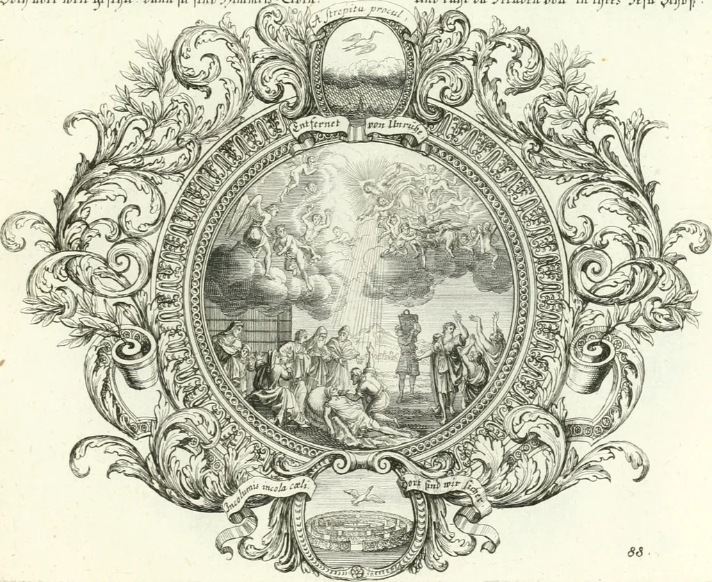 An illustration from Heilige Augen- und Gemüths-Lust : vorstellend, alle sonn- fest- und feyrtägliche nicht nur Evangelien, sondern auch Epistelen und Lectionen, jene historisch : diese auch emblemmatisch, und mit curieusen Einfassungen : in vielen Kupffer-Stücken von frembder und gantz neuer Invention : so wohl zur Kunst-Ubung als Unterhaltung Gottseeliger Betrachtungen, wie auch Vermehrung der Kupffer-Bibelen und Ausszierung aller christlichen Postillen dienlich, 1706, leaf 196