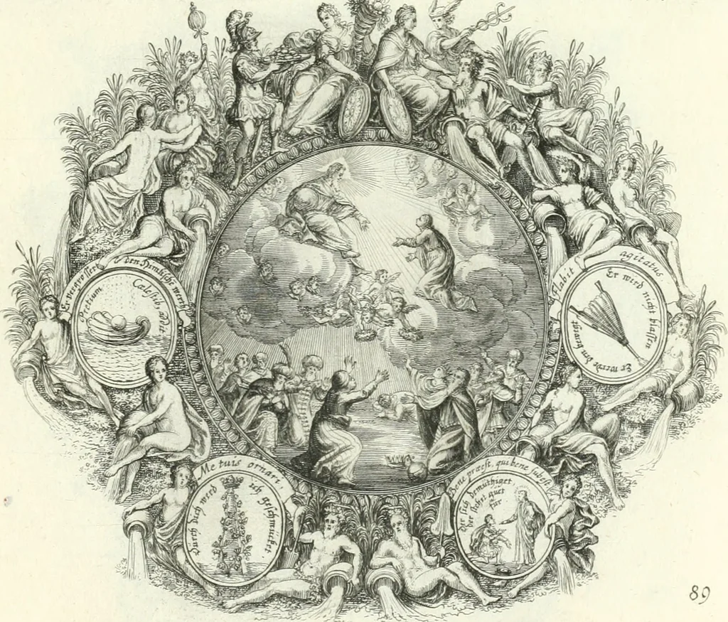 An illustration from Heilige Augen- und Gemüths-Lust : vorstellend, alle sonn- fest- und feyrtägliche nicht nur Evangelien, sondern auch Epistelen und Lectionen, jene historisch : diese auch emblemmatisch, und mit curieusen Einfassungen : in vielen Kupffer-Stücken von frembder und gantz neuer Invention : so wohl zur Kunst-Ubung als Unterhaltung Gottseeliger Betrachtungen, wie auch Vermehrung der Kupffer-Bibelen und Ausszierung aller christlichen Postillen dienlich, 1706, leaf 198
