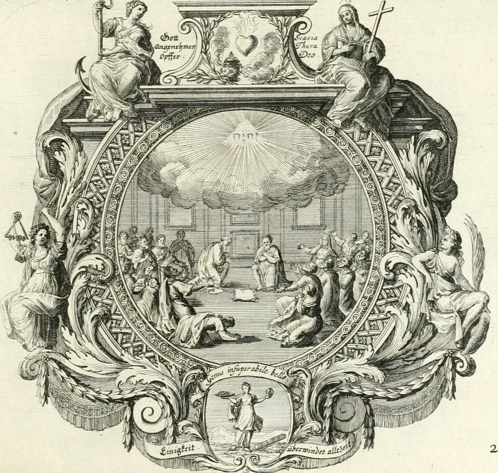 An illustration from Heilige Augen- und Gemüths-Lust : vorstellend, alle sonn- fest- und feyrtägliche nicht nur Evangelien, sondern auch Epistelen und Lectionen, jene historisch : diese auch emblemmatisch, und mit curieusen Einfassungen : in vielen Kupffer-Stücken von frembder und gantz neuer Invention : so wohl zur Kunst-Ubung als Unterhaltung Gottseeliger Betrachtungen, wie auch Vermehrung der Kupffer-Bibelen und Ausszierung aller christlichen Postillen dienlich, 1706, leaf 20