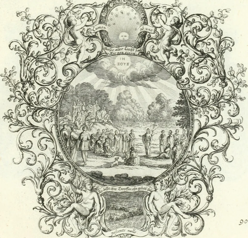 An illustration from Heilige Augen- und Gemüths-Lust : vorstellend, alle sonn- fest- und feyrtägliche nicht nur Evangelien, sondern auch Epistelen und Lectionen, jene historisch : diese auch emblemmatisch, und mit curieusen Einfassungen : in vielen Kupffer-Stücken von frembder und gantz neuer Invention : so wohl zur Kunst-Ubung als Unterhaltung Gottseeliger Betrachtungen, wie auch Vermehrung der Kupffer-Bibelen und Ausszierung aller christlichen Postillen dienlich, 1706, leaf 200