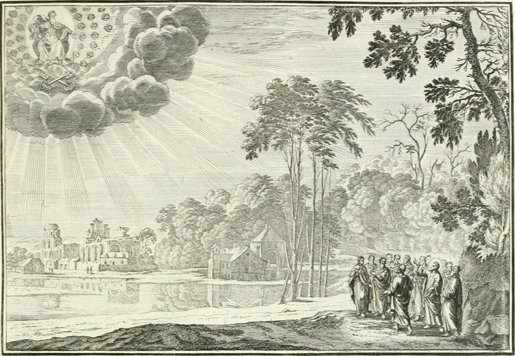 An illustration from Heilige Augen- und Gemüths-Lust : vorstellend, alle sonn- fest- und feyrtägliche nicht nur Evangelien, sondern auch Epistelen und Lectionen, jene historisch : diese auch emblemmatisch, und mit curieusen Einfassungen : in vielen Kupffer-Stücken von frembder und gantz neuer Invention : so wohl zur Kunst-Ubung als Unterhaltung Gottseeliger Betrachtungen, wie auch Vermehrung der Kupffer-Bibelen und Ausszierung aller christlichen Postillen dienlich, 1706, leaf 202