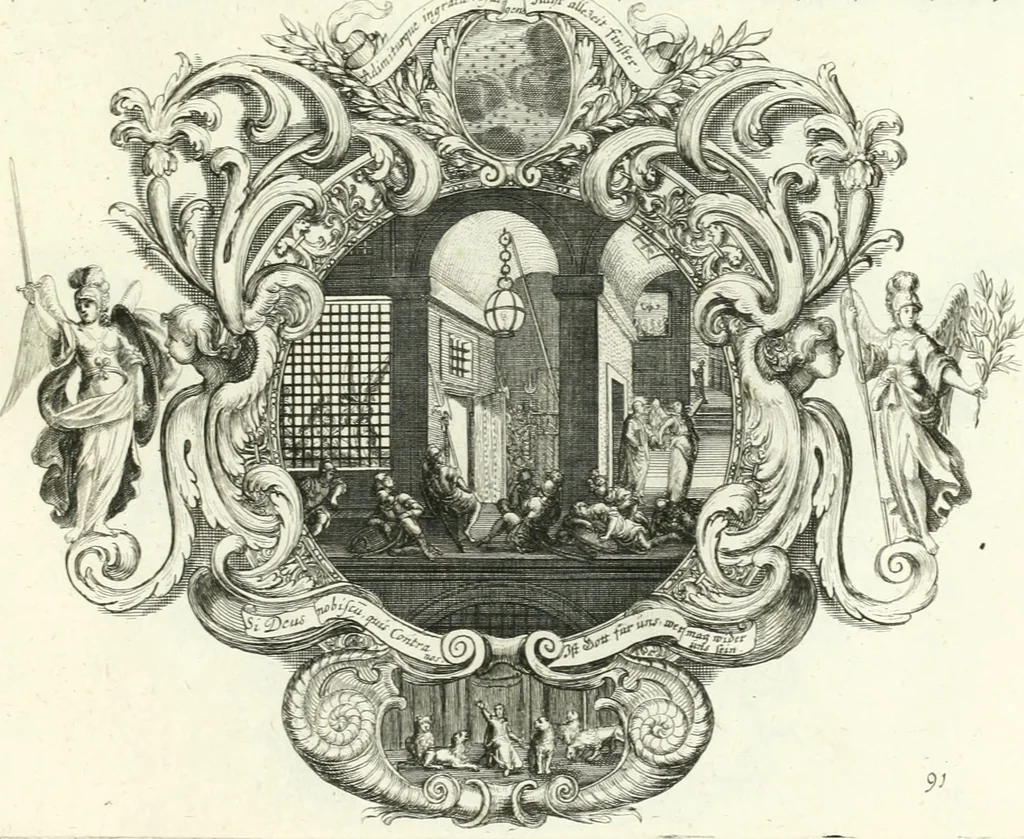 An illustration from Heilige Augen- und Gemüths-Lust : vorstellend, alle sonn- fest- und feyrtägliche nicht nur Evangelien, sondern auch Epistelen und Lectionen, jene historisch : diese auch emblemmatisch, und mit curieusen Einfassungen : in vielen Kupffer-Stücken von frembder und gantz neuer Invention : so wohl zur Kunst-Ubung als Unterhaltung Gottseeliger Betrachtungen, wie auch Vermehrung der Kupffer-Bibelen und Ausszierung aller christlichen Postillen dienlich, 1706, leaf 202