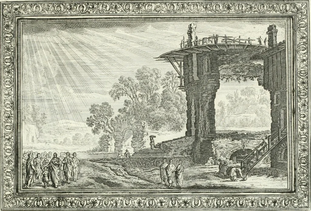 An illustration from Heilige Augen- und Gemüths-Lust : vorstellend, alle sonn- fest- und feyrtägliche nicht nur Evangelien, sondern auch Epistelen und Lectionen, jene historisch : diese auch emblemmatisch, und mit curieusen Einfassungen : in vielen Kupffer-Stücken von frembder und gantz neuer Invention : so wohl zur Kunst-Ubung als Unterhaltung Gottseeliger Betrachtungen, wie auch Vermehrung der Kupffer-Bibelen und Ausszierung aller christlichen Postillen dienlich, 1706, leaf 204