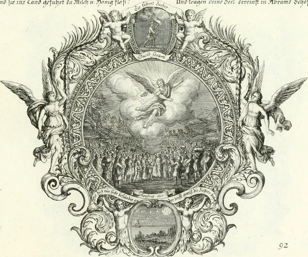 An illustration from Heilige Augen- und Gemüths-Lust : vorstellend, alle sonn- fest- und feyrtägliche nicht nur Evangelien, sondern auch Epistelen und Lectionen, jene historisch : diese auch emblemmatisch, und mit curieusen Einfassungen : in vielen Kupffer-Stücken von frembder und gantz neuer Invention : so wohl zur Kunst-Ubung als Unterhaltung Gottseeliger Betrachtungen, wie auch Vermehrung der Kupffer-Bibelen und Ausszierung aller christlichen Postillen dienlich, 1706, leaf 204