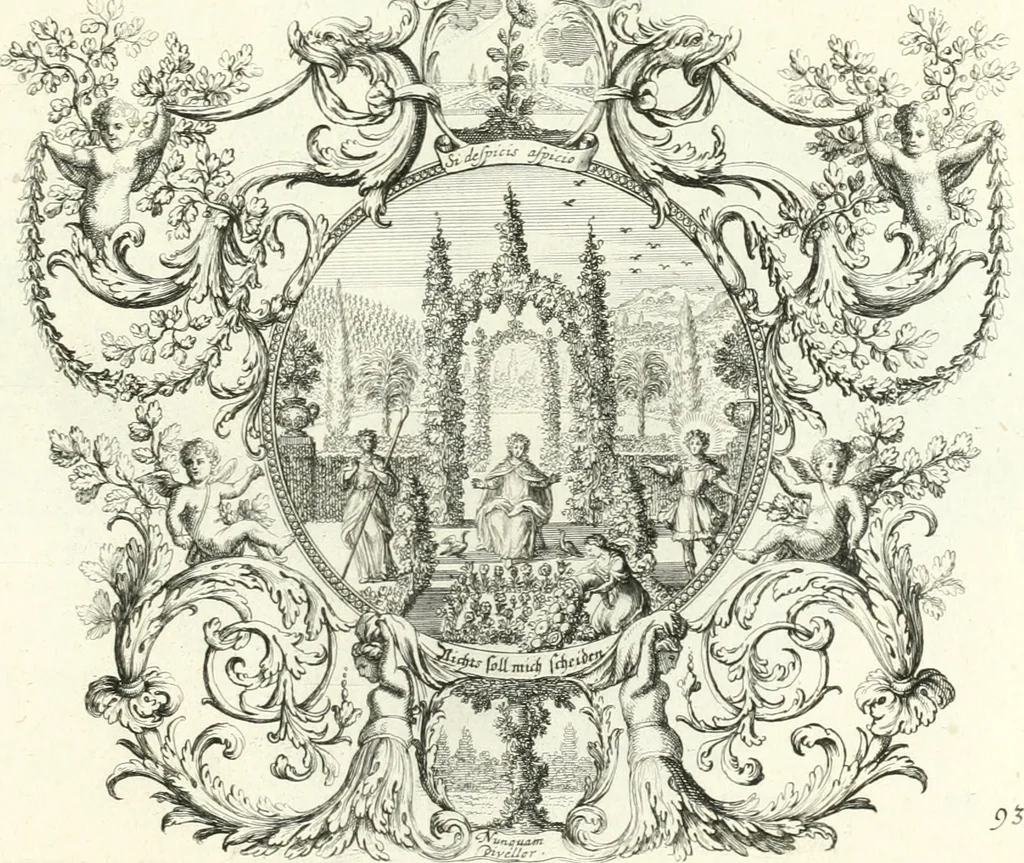 An illustration from Heilige Augen- und Gemüths-Lust : vorstellend, alle sonn- fest- und feyrtägliche nicht nur Evangelien, sondern auch Epistelen und Lectionen, jene historisch : diese auch emblemmatisch, und mit curieusen Einfassungen : in vielen Kupffer-Stücken von frembder und gantz neuer Invention : so wohl zur Kunst-Ubung als Unterhaltung Gottseeliger Betrachtungen, wie auch Vermehrung der Kupffer-Bibelen und Ausszierung aller christlichen Postillen dienlich, 1706, leaf 206