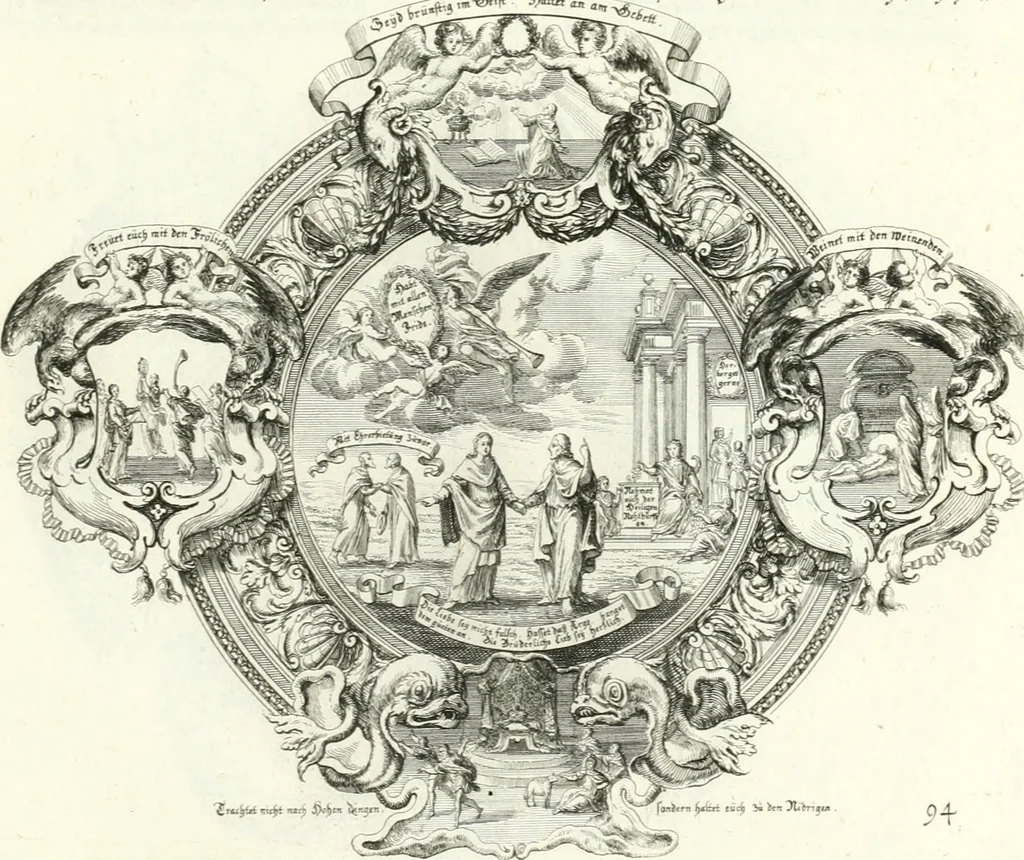 An illustration from Heilige Augen- und Gemüths-Lust : vorstellend, alle sonn- fest- und feyrtägliche nicht nur Evangelien, sondern auch Epistelen und Lectionen, jene historisch : diese auch emblemmatisch, und mit curieusen Einfassungen : in vielen Kupffer-Stücken von frembder und gantz neuer Invention : so wohl zur Kunst-Ubung als Unterhaltung Gottseeliger Betrachtungen, wie auch Vermehrung der Kupffer-Bibelen und Ausszierung aller christlichen Postillen dienlich, 1706, leaf 208
