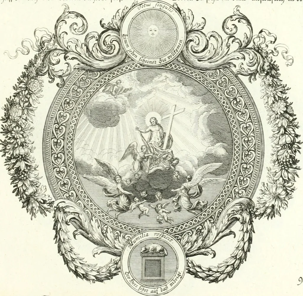 An illustration from Heilige Augen- und Gemüths-Lust : vorstellend, alle sonn- fest- und feyrtägliche nicht nur Evangelien, sondern auch Epistelen und Lectionen, jene historisch : diese auch emblemmatisch, und mit curieusen Einfassungen : in vielen Kupffer-Stücken von frembder und gantz neuer Invention : so wohl zur Kunst-Ubung als Unterhaltung Gottseeliger Betrachtungen, wie auch Vermehrung der Kupffer-Bibelen und Ausszierung aller christlichen Postillen dienlich, 1706, leaf 210