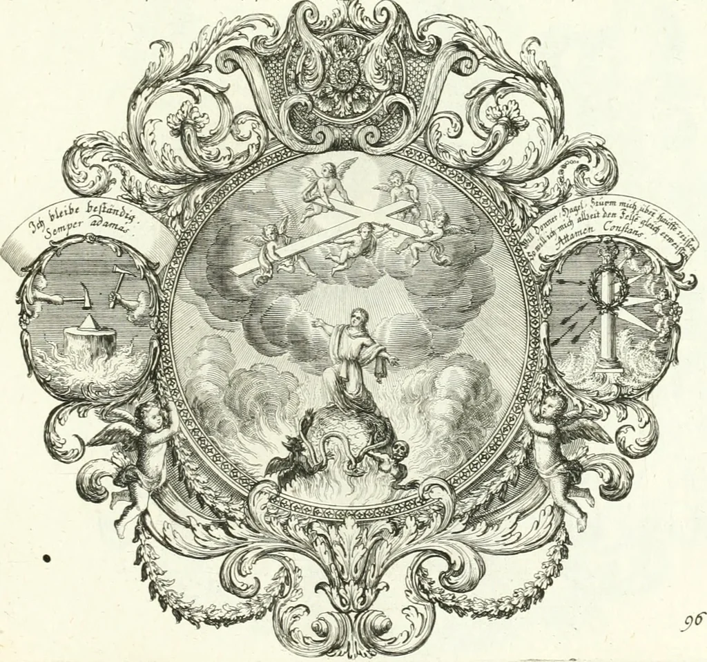 An illustration from Heilige Augen- und Gemüths-Lust : vorstellend, alle sonn- fest- und feyrtägliche nicht nur Evangelien, sondern auch Epistelen und Lectionen, jene historisch : diese auch emblemmatisch, und mit curieusen Einfassungen : in vielen Kupffer-Stücken von frembder und gantz neuer Invention : so wohl zur Kunst-Ubung als Unterhaltung Gottseeliger Betrachtungen, wie auch Vermehrung der Kupffer-Bibelen und Ausszierung aller christlichen Postillen dienlich, 1706, leaf 212