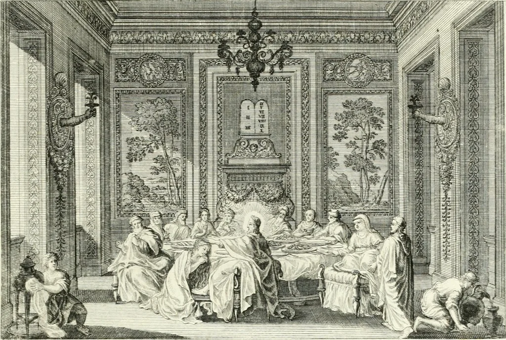 An illustration from Heilige Augen- und Gemüths-Lust : vorstellend, alle sonn- fest- und feyrtägliche nicht nur Evangelien, sondern auch Epistelen und Lectionen, jene historisch : diese auch emblemmatisch, und mit curieusen Einfassungen : in vielen Kupffer-Stücken von frembder und gantz neuer Invention : so wohl zur Kunst-Ubung als Unterhaltung Gottseeliger Betrachtungen, wie auch Vermehrung der Kupffer-Bibelen und Ausszierung aller christlichen Postillen dienlich, 1706, leaf 214