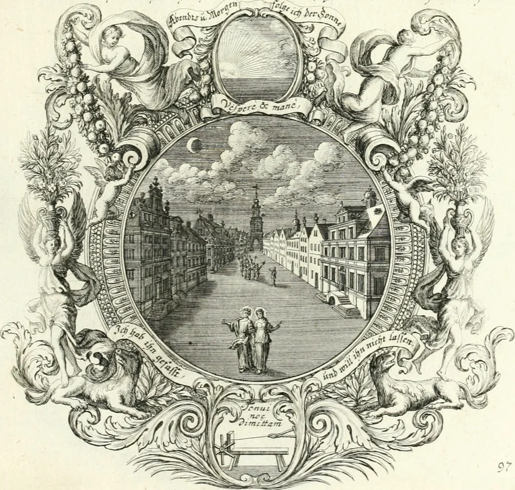 An illustration from Heilige Augen- und Gemüths-Lust : vorstellend, alle sonn- fest- und feyrtägliche nicht nur Evangelien, sondern auch Epistelen und Lectionen, jene historisch : diese auch emblemmatisch, und mit curieusen Einfassungen : in vielen Kupffer-Stücken von frembder und gantz neuer Invention : so wohl zur Kunst-Ubung als Unterhaltung Gottseeliger Betrachtungen, wie auch Vermehrung der Kupffer-Bibelen und Ausszierung aller christlichen Postillen dienlich, 1706, leaf 214