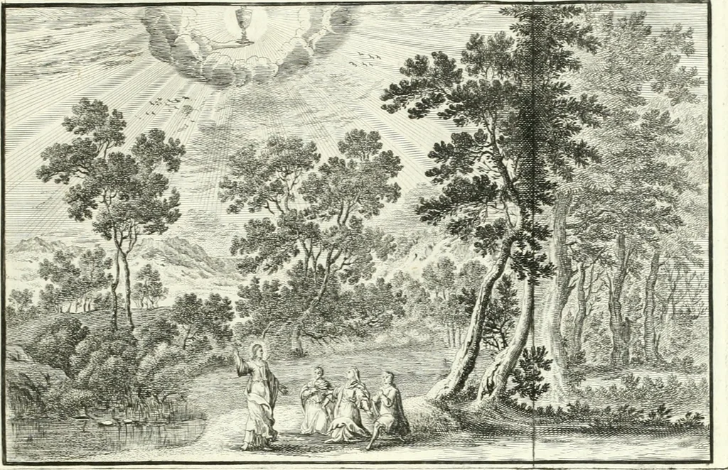 An illustration from Heilige Augen- und Gemüths-Lust : vorstellend, alle sonn- fest- und feyrtägliche nicht nur Evangelien, sondern auch Epistelen und Lectionen, jene historisch : diese auch emblemmatisch, und mit curieusen Einfassungen : in vielen Kupffer-Stücken von frembder und gantz neuer Invention : so wohl zur Kunst-Ubung als Unterhaltung Gottseeliger Betrachtungen, wie auch Vermehrung der Kupffer-Bibelen und Ausszierung aller christlichen Postillen dienlich, 1706, leaf 216