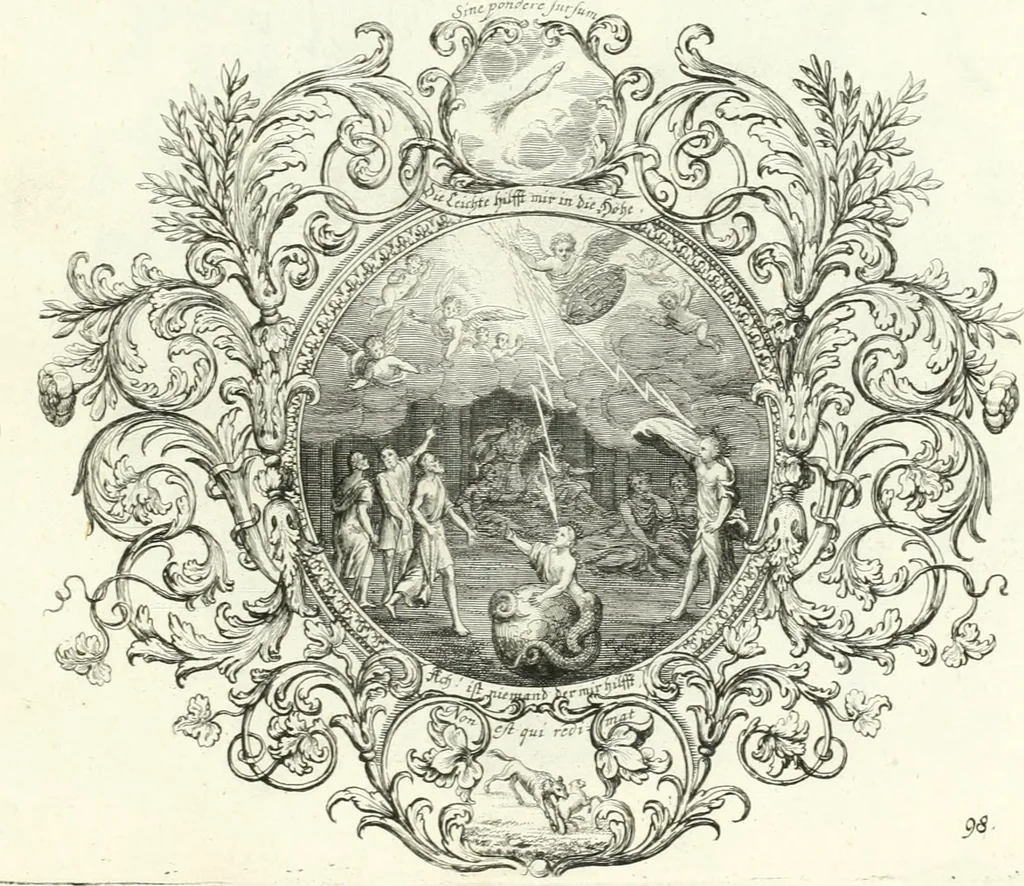 An illustration from Heilige Augen- und Gemüths-Lust : vorstellend, alle sonn- fest- und feyrtägliche nicht nur Evangelien, sondern auch Epistelen und Lectionen, jene historisch : diese auch emblemmatisch, und mit curieusen Einfassungen : in vielen Kupffer-Stücken von frembder und gantz neuer Invention : so wohl zur Kunst-Ubung als Unterhaltung Gottseeliger Betrachtungen, wie auch Vermehrung der Kupffer-Bibelen und Ausszierung aller christlichen Postillen dienlich, 1706, leaf 216