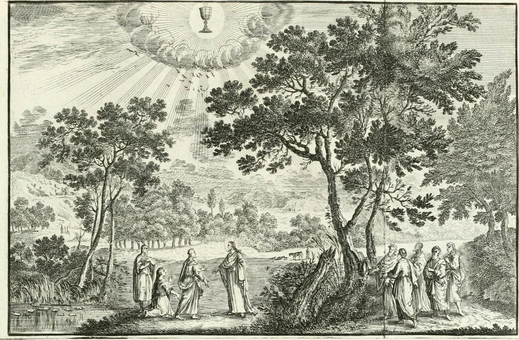 An illustration from Heilige Augen- und Gemüths-Lust : vorstellend, alle sonn- fest- und feyrtägliche nicht nur Evangelien, sondern auch Epistelen und Lectionen, jene historisch : diese auch emblemmatisch, und mit curieusen Einfassungen : in vielen Kupffer-Stücken von frembder und gantz neuer Invention : so wohl zur Kunst-Ubung als Unterhaltung Gottseeliger Betrachtungen, wie auch Vermehrung der Kupffer-Bibelen und Ausszierung aller christlichen Postillen dienlich, 1706, leaf 218