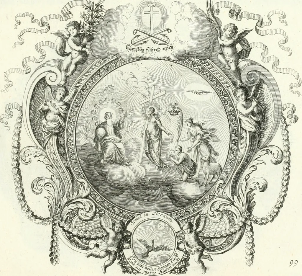 An illustration from Heilige Augen- und Gemüths-Lust : vorstellend, alle sonn- fest- und feyrtägliche nicht nur Evangelien, sondern auch Epistelen und Lectionen, jene historisch : diese auch emblemmatisch, und mit curieusen Einfassungen : in vielen Kupffer-Stücken von frembder und gantz neuer Invention : so wohl zur Kunst-Ubung als Unterhaltung Gottseeliger Betrachtungen, wie auch Vermehrung der Kupffer-Bibelen und Ausszierung aller christlichen Postillen dienlich, 1706, leaf 218