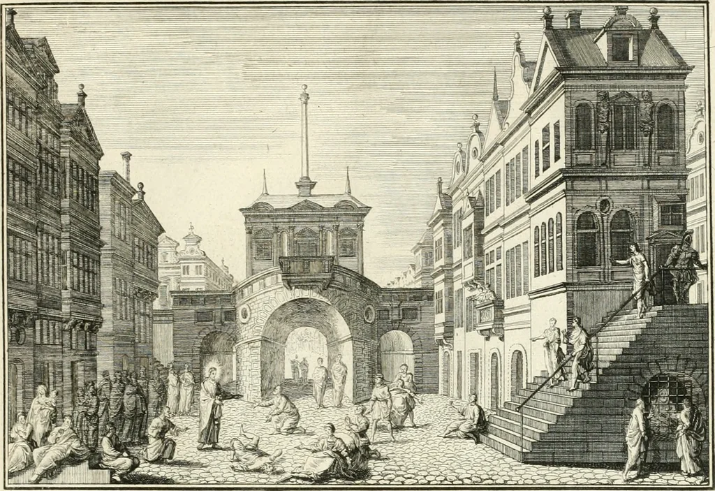 An illustration from Heilige Augen- und Gemüths-Lust : vorstellend, alle sonn- fest- und feyrtägliche nicht nur Evangelien, sondern auch Epistelen und Lectionen, jene historisch : diese auch emblemmatisch, und mit curieusen Einfassungen : in vielen Kupffer-Stücken von frembder und gantz neuer Invention : so wohl zur Kunst-Ubung als Unterhaltung Gottseeliger Betrachtungen, wie auch Vermehrung der Kupffer-Bibelen und Ausszierung aller christlichen Postillen dienlich, 1706, leaf 22