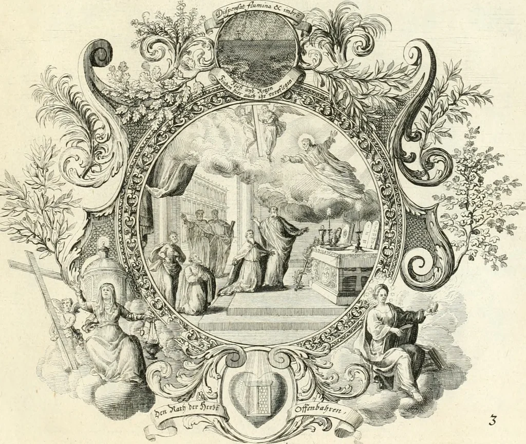 An illustration from Heilige Augen- und Gemüths-Lust : vorstellend, alle sonn- fest- und feyrtägliche nicht nur Evangelien, sondern auch Epistelen und Lectionen, jene historisch : diese auch emblemmatisch, und mit curieusen Einfassungen : in vielen Kupffer-Stücken von frembder und gantz neuer Invention : so wohl zur Kunst-Ubung als Unterhaltung Gottseeliger Betrachtungen, wie auch Vermehrung der Kupffer-Bibelen und Ausszierung aller christlichen Postillen dienlich, 1706, leaf 22