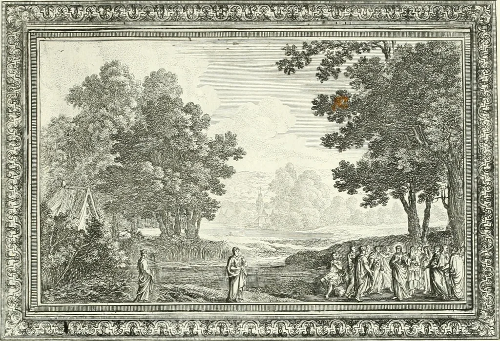 An illustration from Heilige Augen- und Gemüths-Lust : vorstellend, alle sonn- fest- und feyrtägliche nicht nur Evangelien, sondern auch Epistelen und Lectionen, jene historisch : diese auch emblemmatisch, und mit curieusen Einfassungen : in vielen Kupffer-Stücken von frembder und gantz neuer Invention : so wohl zur Kunst-Ubung als Unterhaltung Gottseeliger Betrachtungen, wie auch Vermehrung der Kupffer-Bibelen und Ausszierung aller christlichen Postillen dienlich, 1706, leaf 222