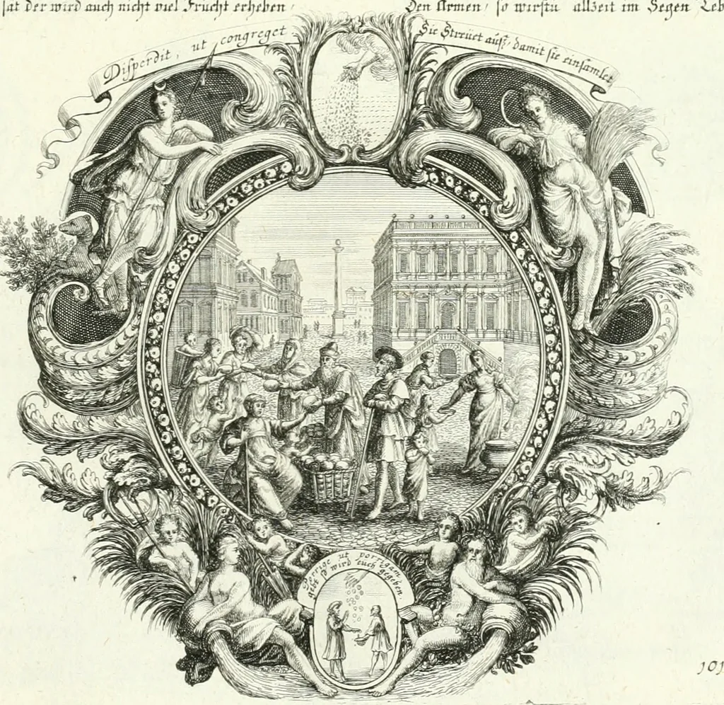 An illustration from Heilige Augen- und Gemüths-Lust : vorstellend, alle sonn- fest- und feyrtägliche nicht nur Evangelien, sondern auch Epistelen und Lectionen, jene historisch : diese auch emblemmatisch, und mit curieusen Einfassungen : in vielen Kupffer-Stücken von frembder und gantz neuer Invention : so wohl zur Kunst-Ubung als Unterhaltung Gottseeliger Betrachtungen, wie auch Vermehrung der Kupffer-Bibelen und Ausszierung aller christlichen Postillen dienlich, 1706, leaf 222