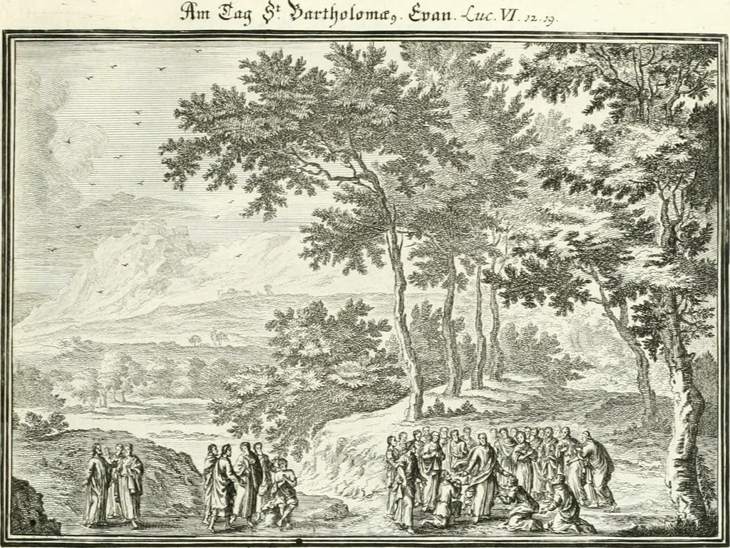 An illustration from Heilige Augen- und Gemüths-Lust : vorstellend, alle sonn- fest- und feyrtägliche nicht nur Evangelien, sondern auch Epistelen und Lectionen, jene historisch : diese auch emblemmatisch, und mit curieusen Einfassungen : in vielen Kupffer-Stücken von frembder und gantz neuer Invention : so wohl zur Kunst-Ubung als Unterhaltung Gottseeliger Betrachtungen, wie auch Vermehrung der Kupffer-Bibelen und Ausszierung aller christlichen Postillen dienlich, 1706, leaf 226
