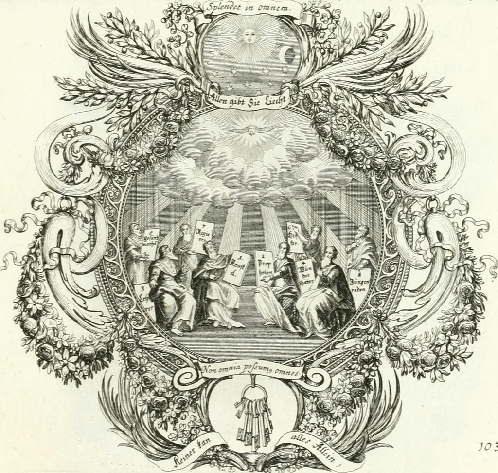 An illustration from Heilige Augen- und Gemüths-Lust : vorstellend, alle sonn- fest- und feyrtägliche nicht nur Evangelien, sondern auch Epistelen und Lectionen, jene historisch : diese auch emblemmatisch, und mit curieusen Einfassungen : in vielen Kupffer-Stücken von frembder und gantz neuer Invention : so wohl zur Kunst-Ubung als Unterhaltung Gottseeliger Betrachtungen, wie auch Vermehrung der Kupffer-Bibelen und Ausszierung aller christlichen Postillen dienlich, 1706, leaf 226