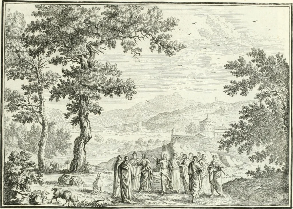 An illustration from Heilige Augen- und Gemüths-Lust : vorstellend, alle sonn- fest- und feyrtägliche nicht nur Evangelien, sondern auch Epistelen und Lectionen, jene historisch : diese auch emblemmatisch, und mit curieusen Einfassungen : in vielen Kupffer-Stücken von frembder und gantz neuer Invention : so wohl zur Kunst-Ubung als Unterhaltung Gottseeliger Betrachtungen, wie auch Vermehrung der Kupffer-Bibelen und Ausszierung aller christlichen Postillen dienlich, 1706, leaf 228