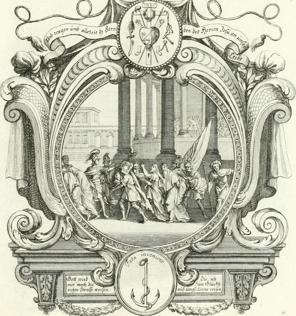 An illustration from Heilige Augen- und Gemüths-Lust : vorstellend, alle sonn- fest- und feyrtägliche nicht nur Evangelien, sondern auch Epistelen und Lectionen, jene historisch : diese auch emblemmatisch, und mit curieusen Einfassungen : in vielen Kupffer-Stücken von frembder und gantz neuer Invention : so wohl zur Kunst-Ubung als Unterhaltung Gottseeliger Betrachtungen, wie auch Vermehrung der Kupffer-Bibelen und Ausszierung aller christlichen Postillen dienlich, 1706, leaf 228
